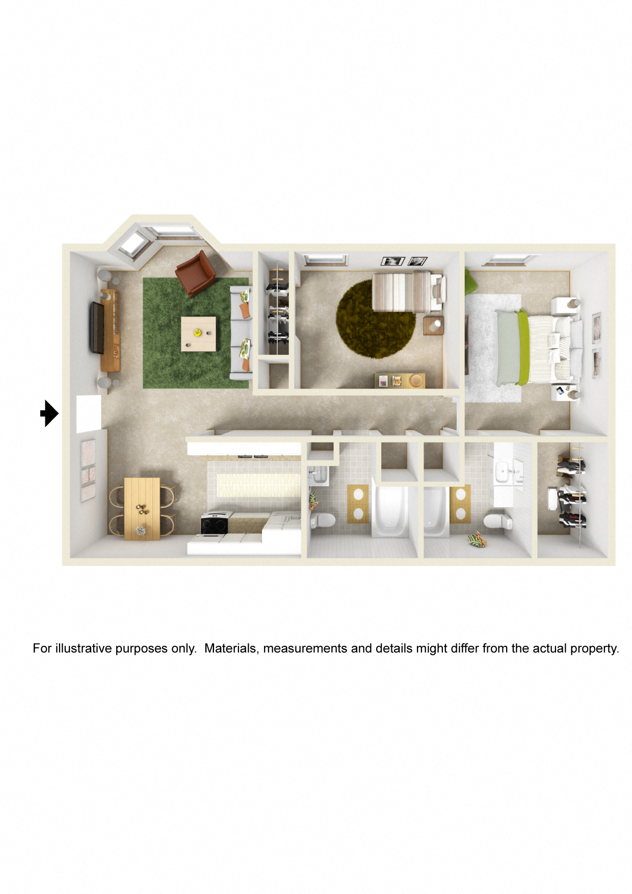 Floor plan for 2 beds, 2 baths, 1000 sqft